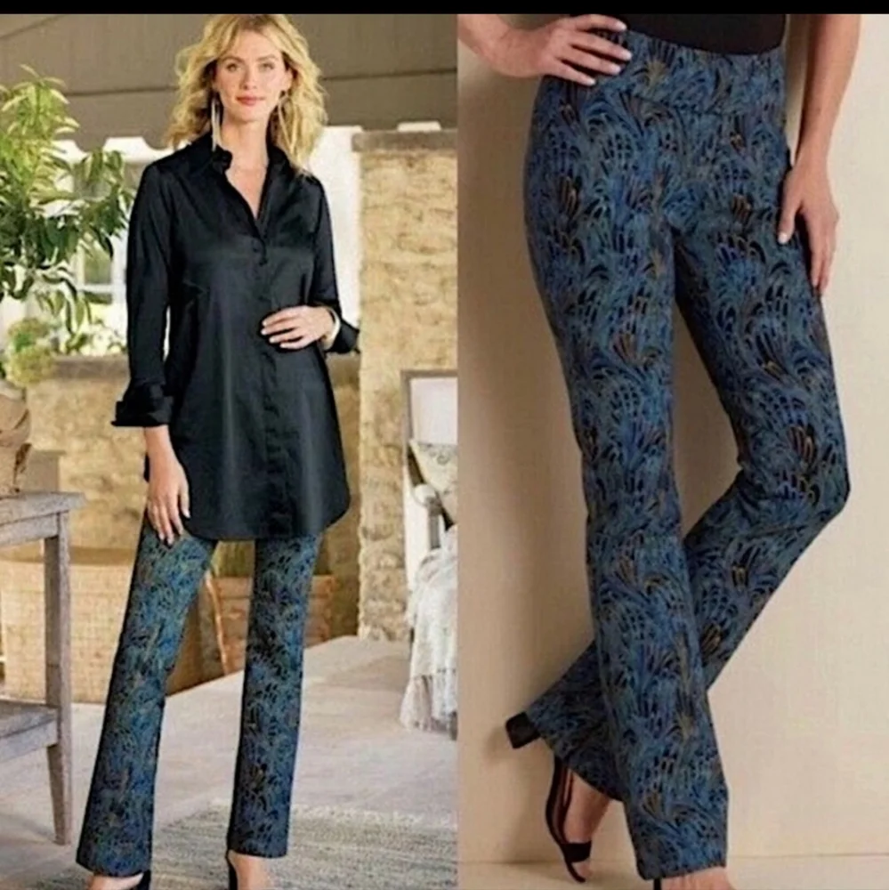 Soft Surroundings Sz PM Marble Print Pants Peacock Knit Pull On